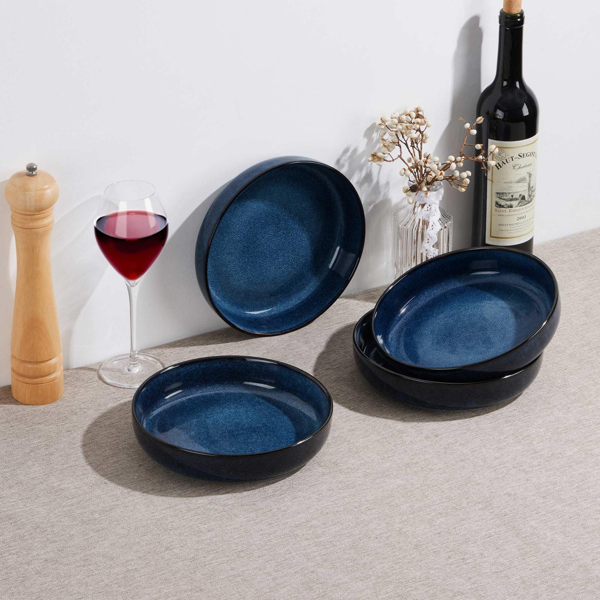 Stoneware Pasta Bowls Set of 4, 35oz Ceramic Bowls, Sapphire Blue H777