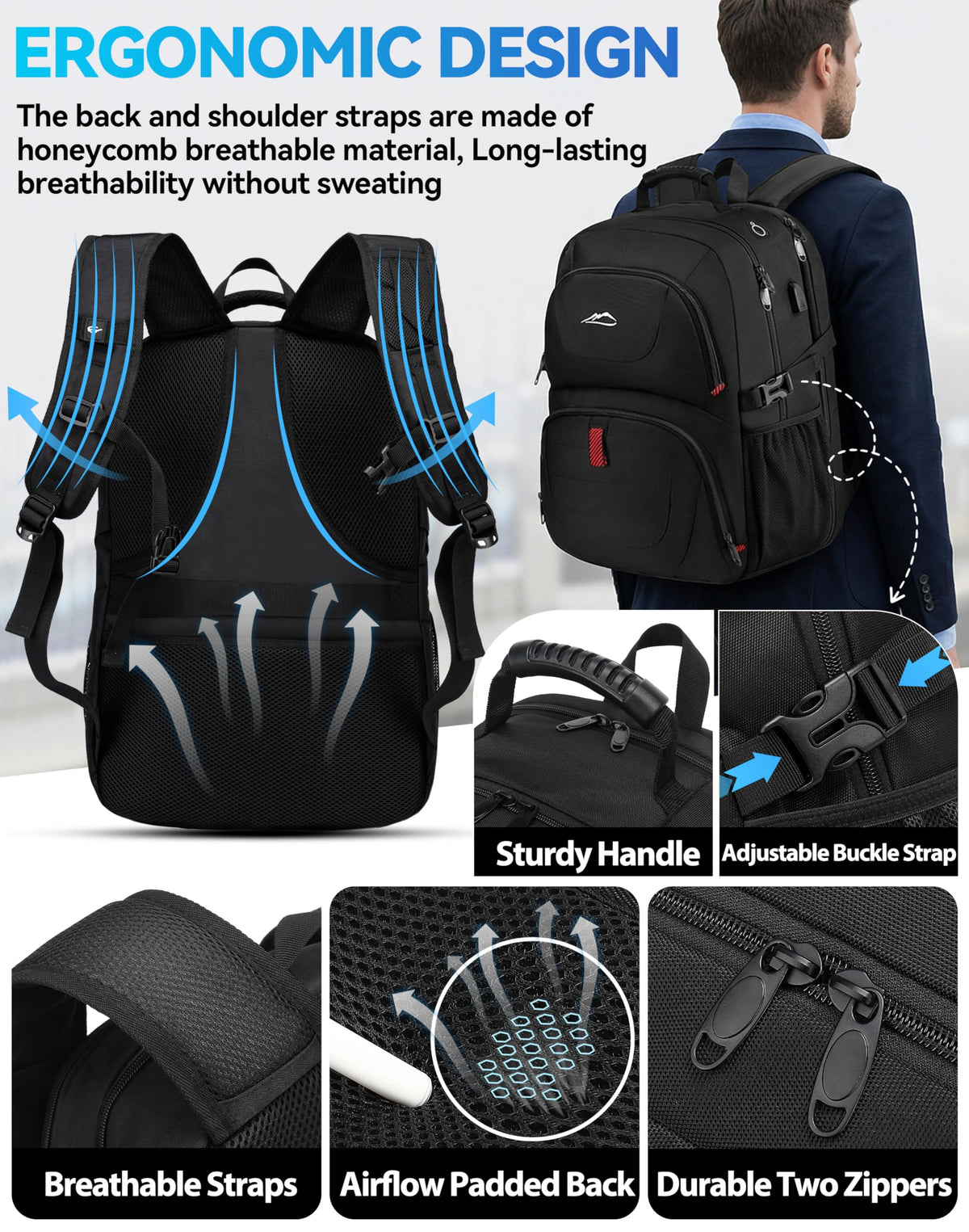 Extra Large Black Laptop Backpack with USB Charging Port W659