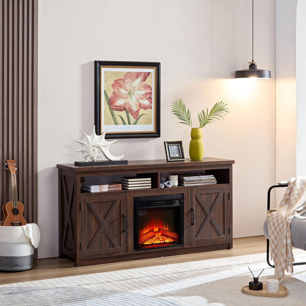 Farmhouse TV Media Stand with 18" Fireplace Insert, Espresso G694