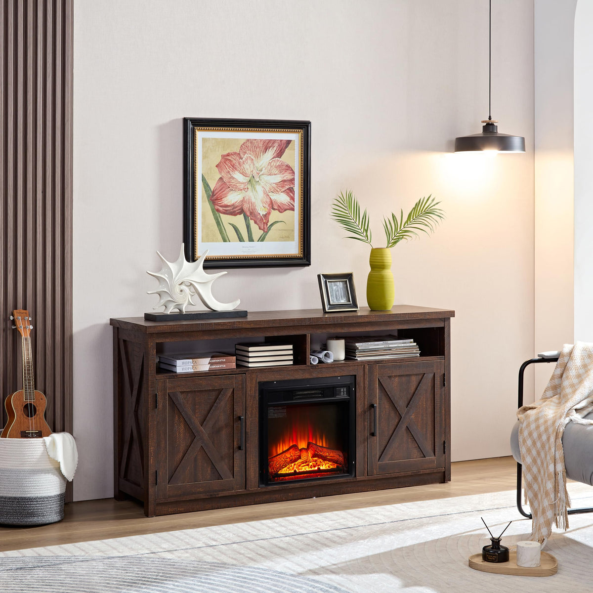 Farmhouse TV Media Stand with 18" Fireplace Insert, Espresso G694