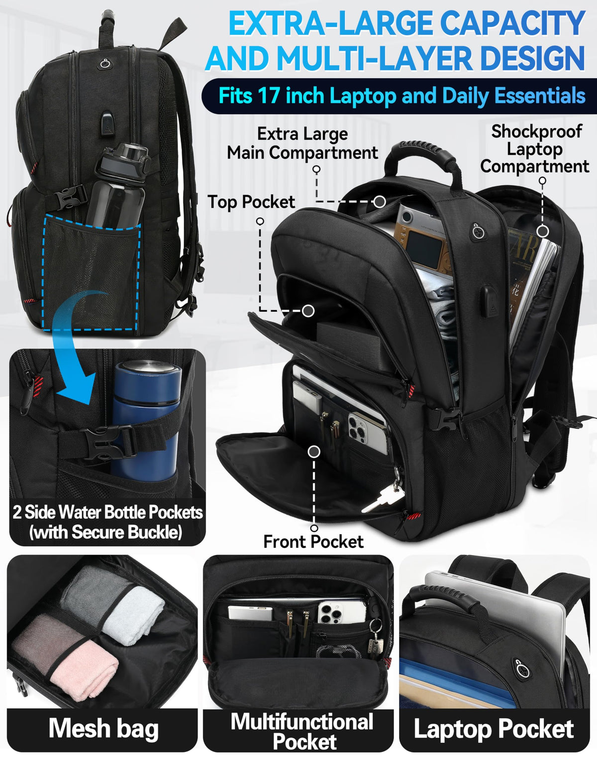 Extra Large Black Laptop Backpack with USB Charging Port W659