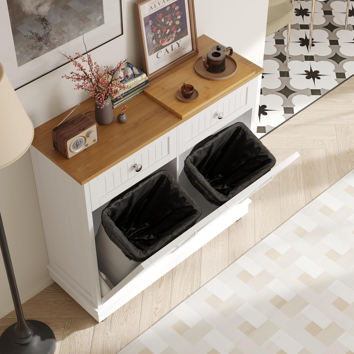 20 Gallon Wooden Tilt-Out Trash Can Cabinet with 2 Drawers, White B53464