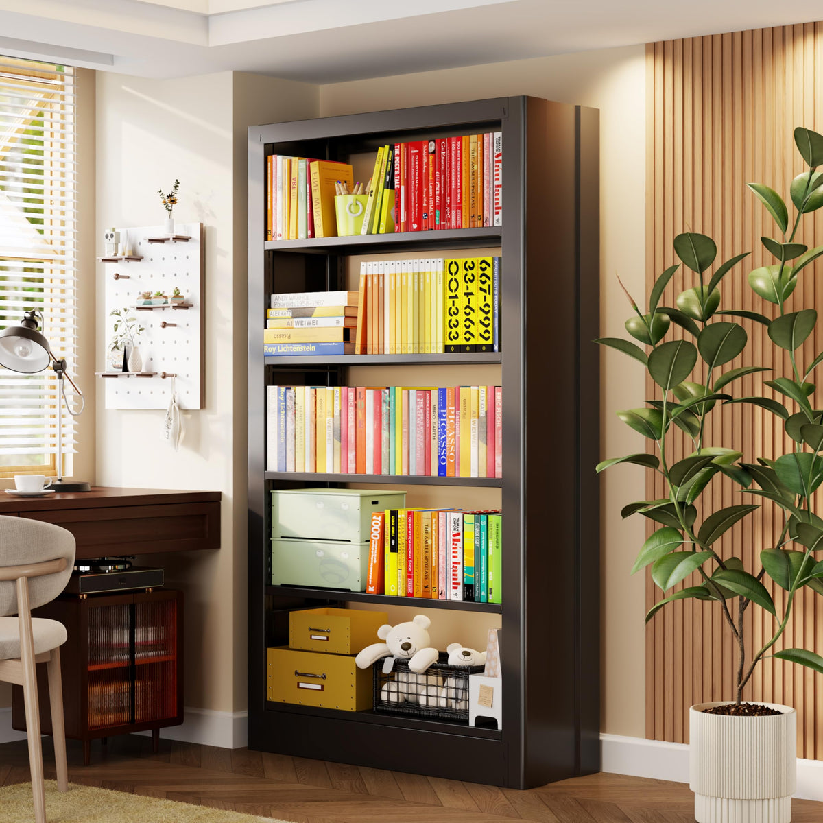 Black 5-Tier Metal Bookcase with Adjustable Shelves Q6570