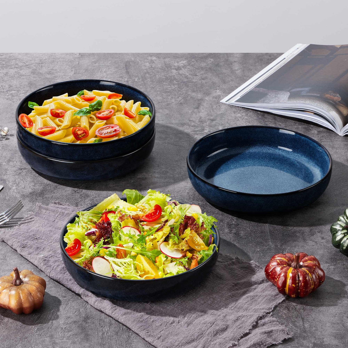 Stoneware Pasta Bowls Set of 4, 35oz Ceramic Bowls, Sapphire Blue H777
