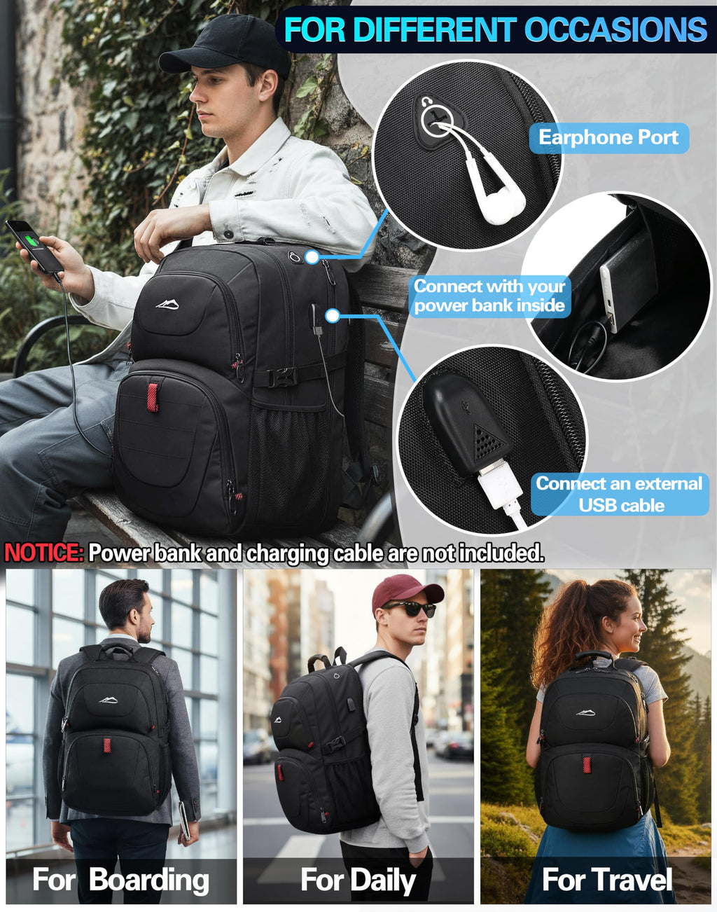 Extra Large Black Laptop Backpack with USB Charging Port W659