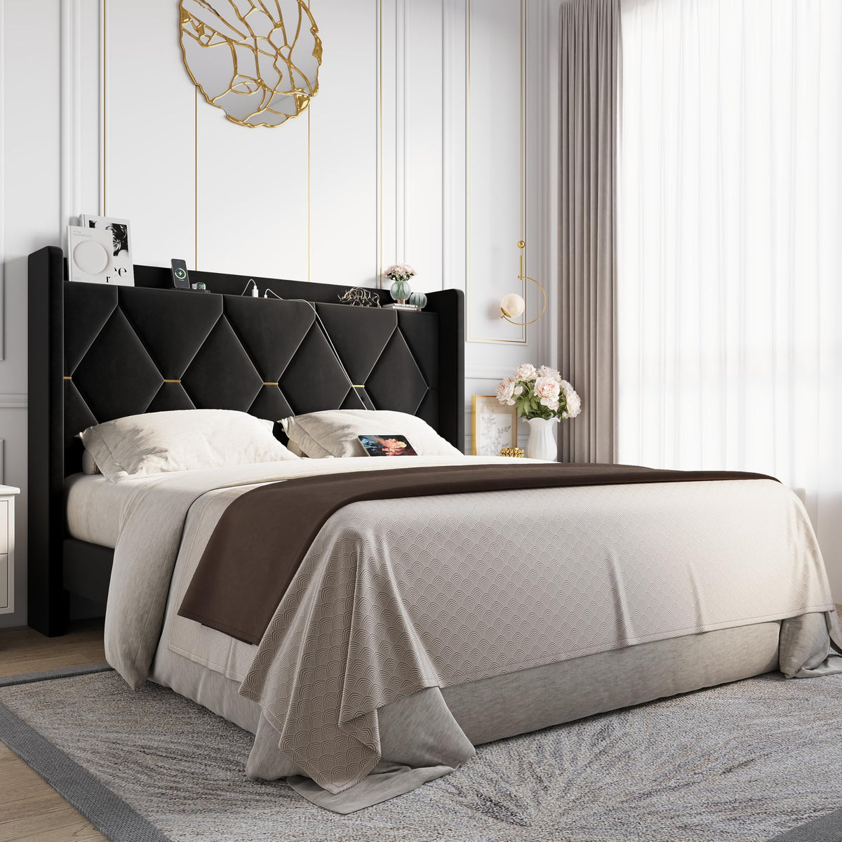 Queen Bed Frame with Storage Headboard C9680